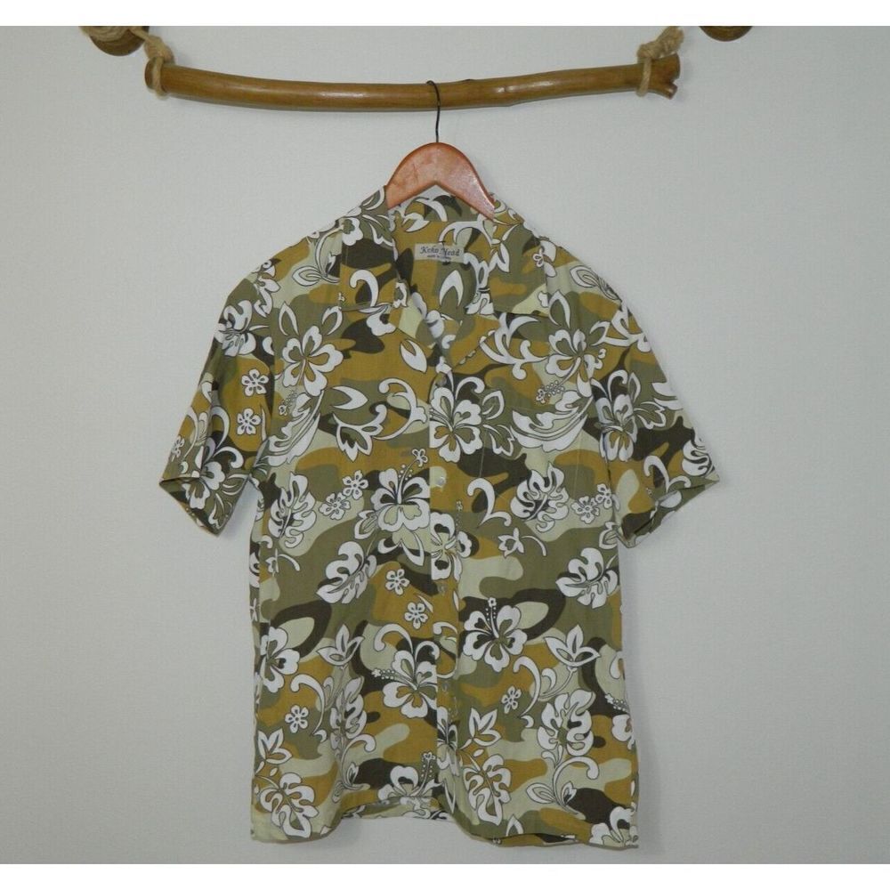 Koko Head Shirt Brown Green  Hawaiian Button-Up ‎ Men's Short Sleeve Size Large